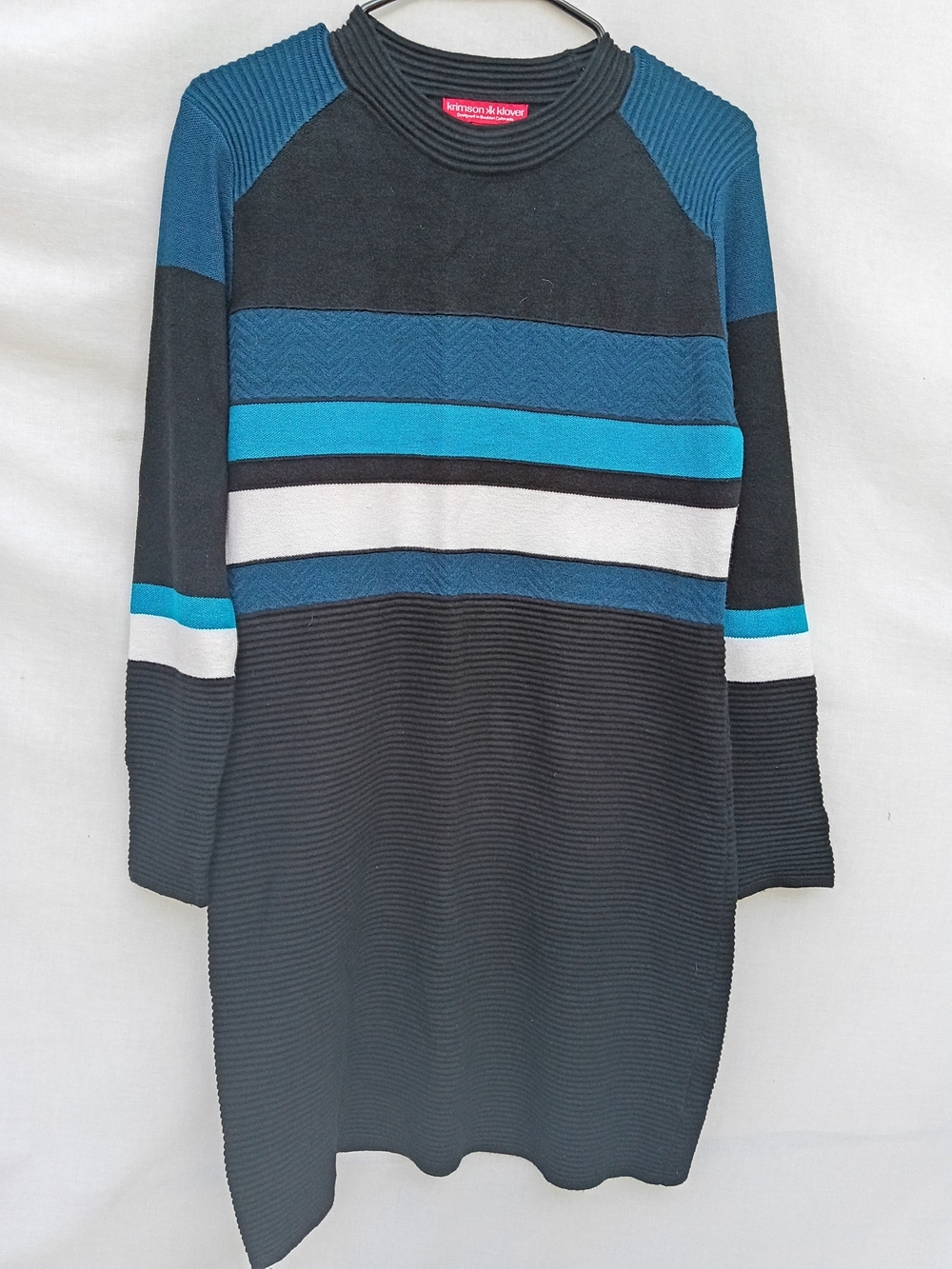 Krimson & Klover Women's Black and Teal Striped Knit Sweater Dress Y2k Large